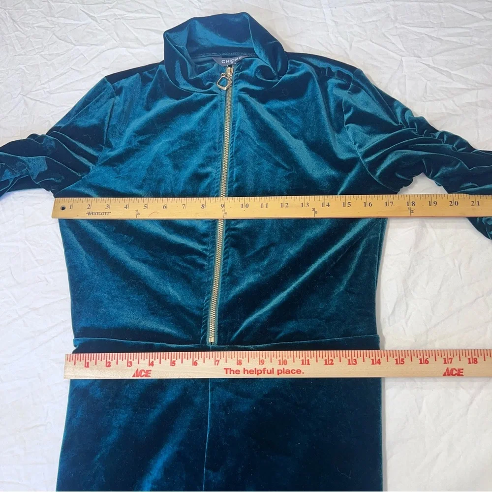 Chicme Velvet Zipper Ruched Longsleeve Jumpsuit Elastic Waistbelt Green Size M - Picture 6 of 12